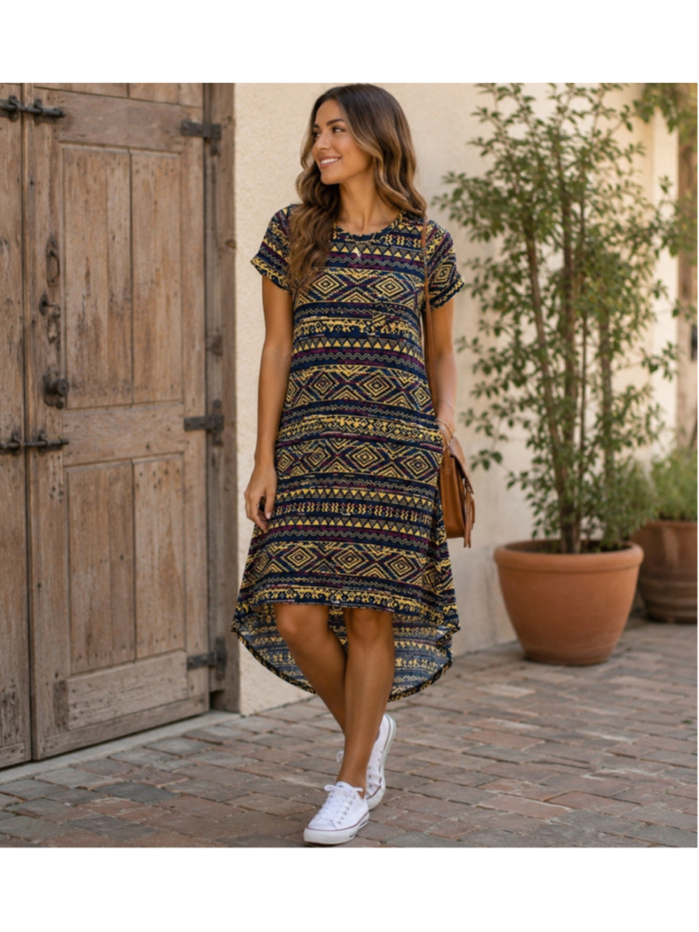 Women's LuLaRoe T-Shirt Dress Size S Blue Yellow Pattern Summer